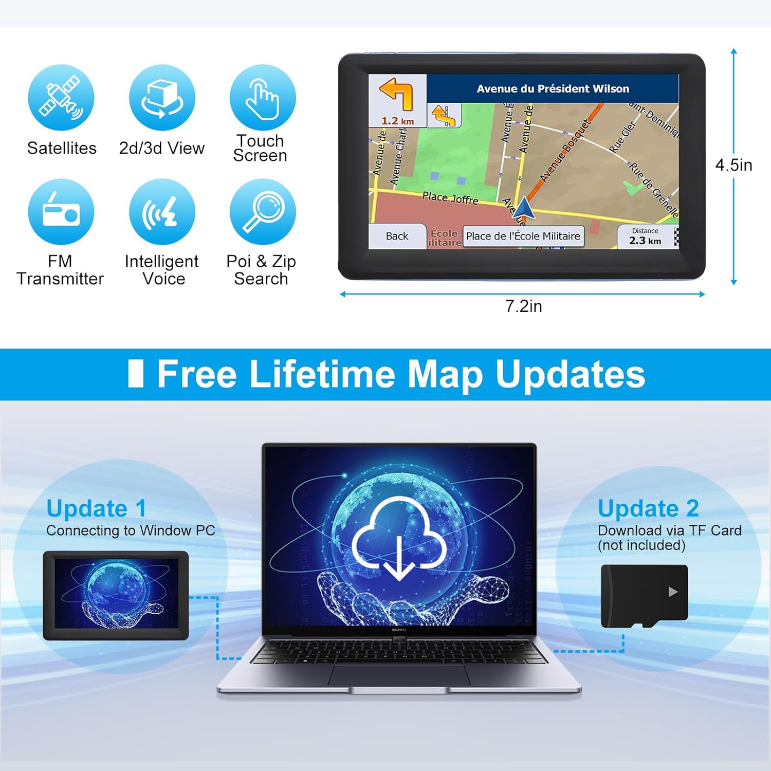 GPS Navigator for Car Truck RV, Latest 2025 Map, 7 inch Touch Screen Real Voice Spoken Turn-by-Turn Direction Reminding Navigation System for Cars, Vehicle GPS with Speed and Red Light Warning (Blue) - Image 4