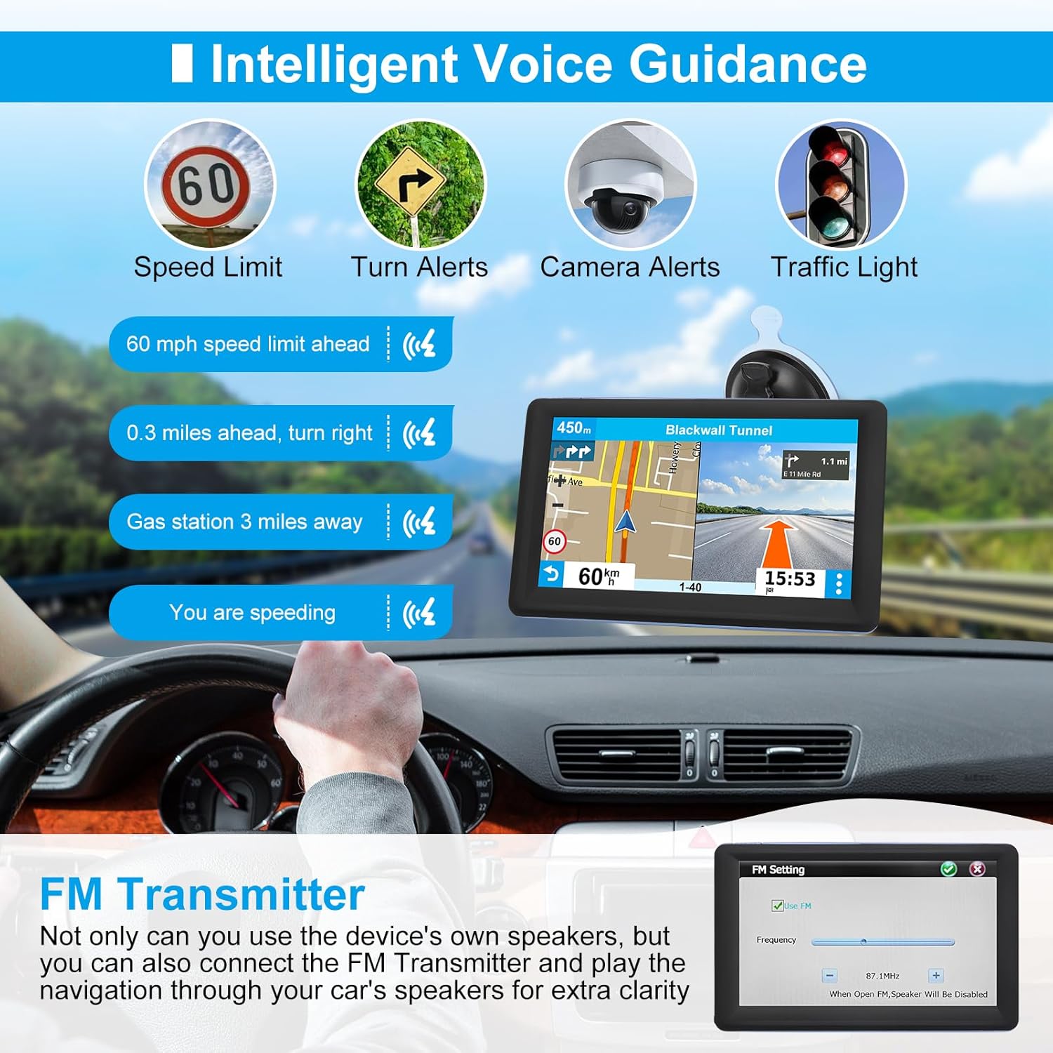 GPS Navigator for Car Truck RV, Latest 2025 Map, 7 inch Touch Screen Real Voice Spoken Turn-by-Turn Direction Reminding Navigation System for Cars, Vehicle GPS with Speed and Red Light Warning (Blue) - Image 6