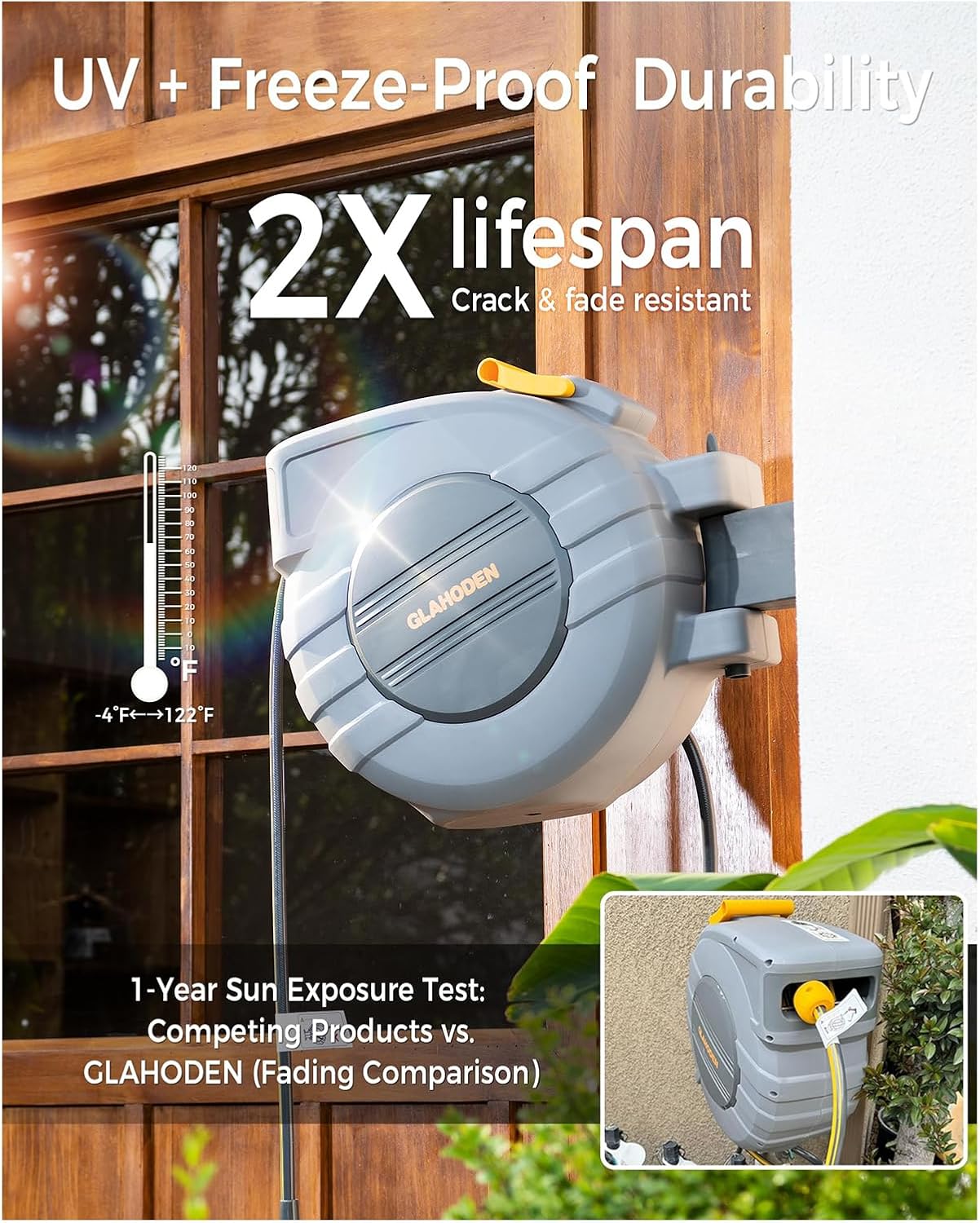 Retractable Garden Hose Reel 5/8 in x 100 ft Upgraded UV Resistant Heavy Duty Automatic Hose Reel Wall Mount 3/4 in Brass Fitting 9 Pattern Nozzle Any Length Lock Slow Retraction 180° Swivel - Image 2