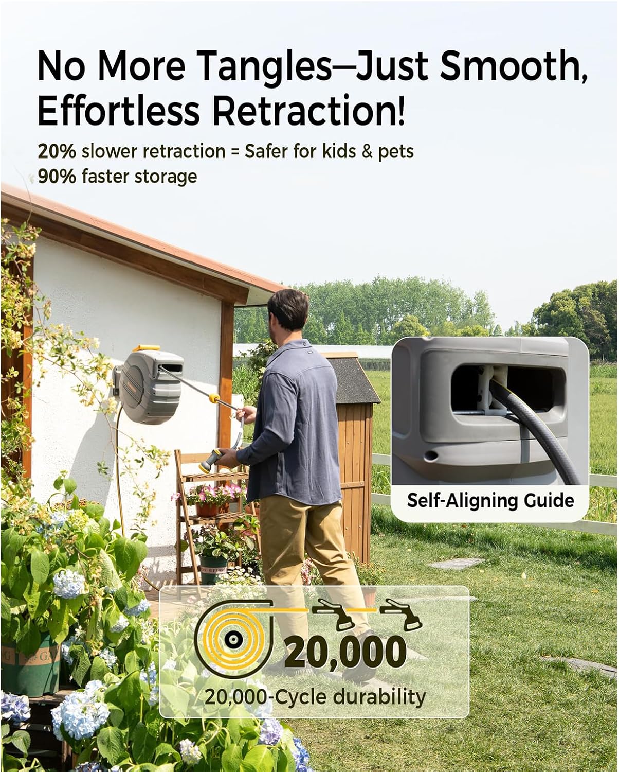 Retractable Garden Hose Reel 5/8 in x 100 ft Upgraded UV Resistant Heavy Duty Automatic Hose Reel Wall Mount 3/4 in Brass Fitting 9 Pattern Nozzle Any Length Lock Slow Retraction 180° Swivel - Image 5